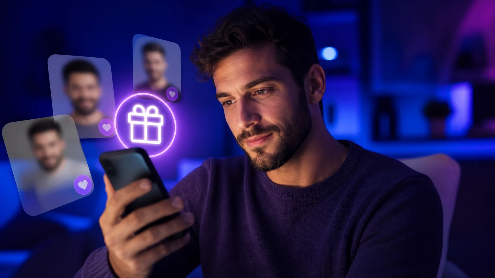 Homme comparant les fonctions gratuites d’une plateforme de rencontre gay sur smartphone